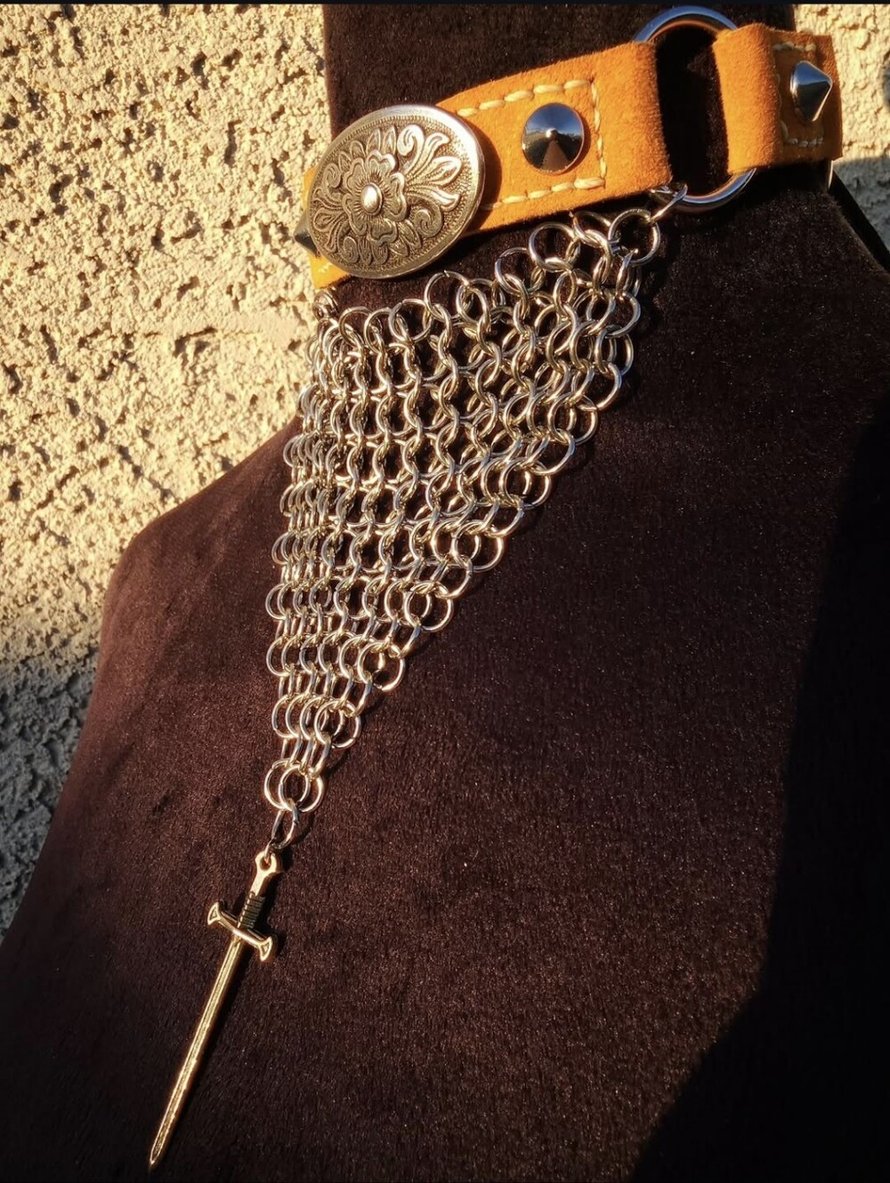 Chainmail Choker Necklace with Cross Pendant - Orange Suede Strap